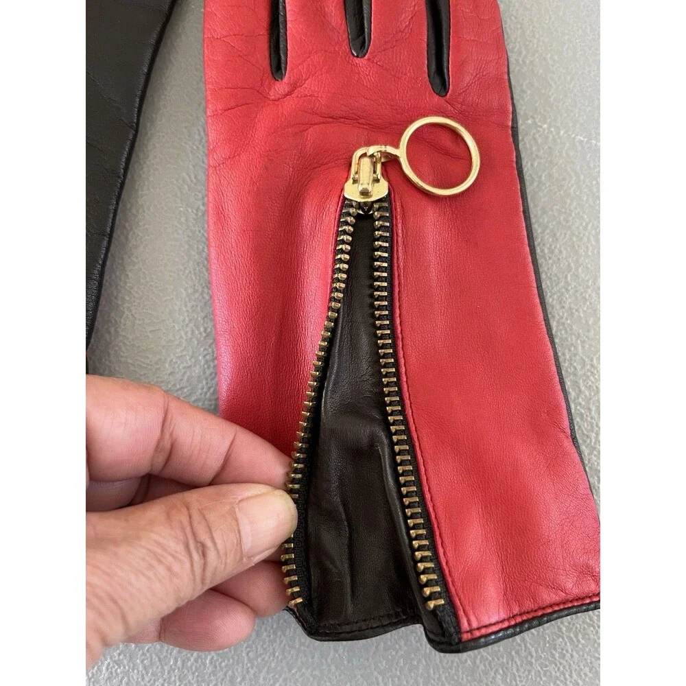 Kate Spade New York Women’s Gloves 6.5 Red & Black Soft Leather Gold Zipper Ring